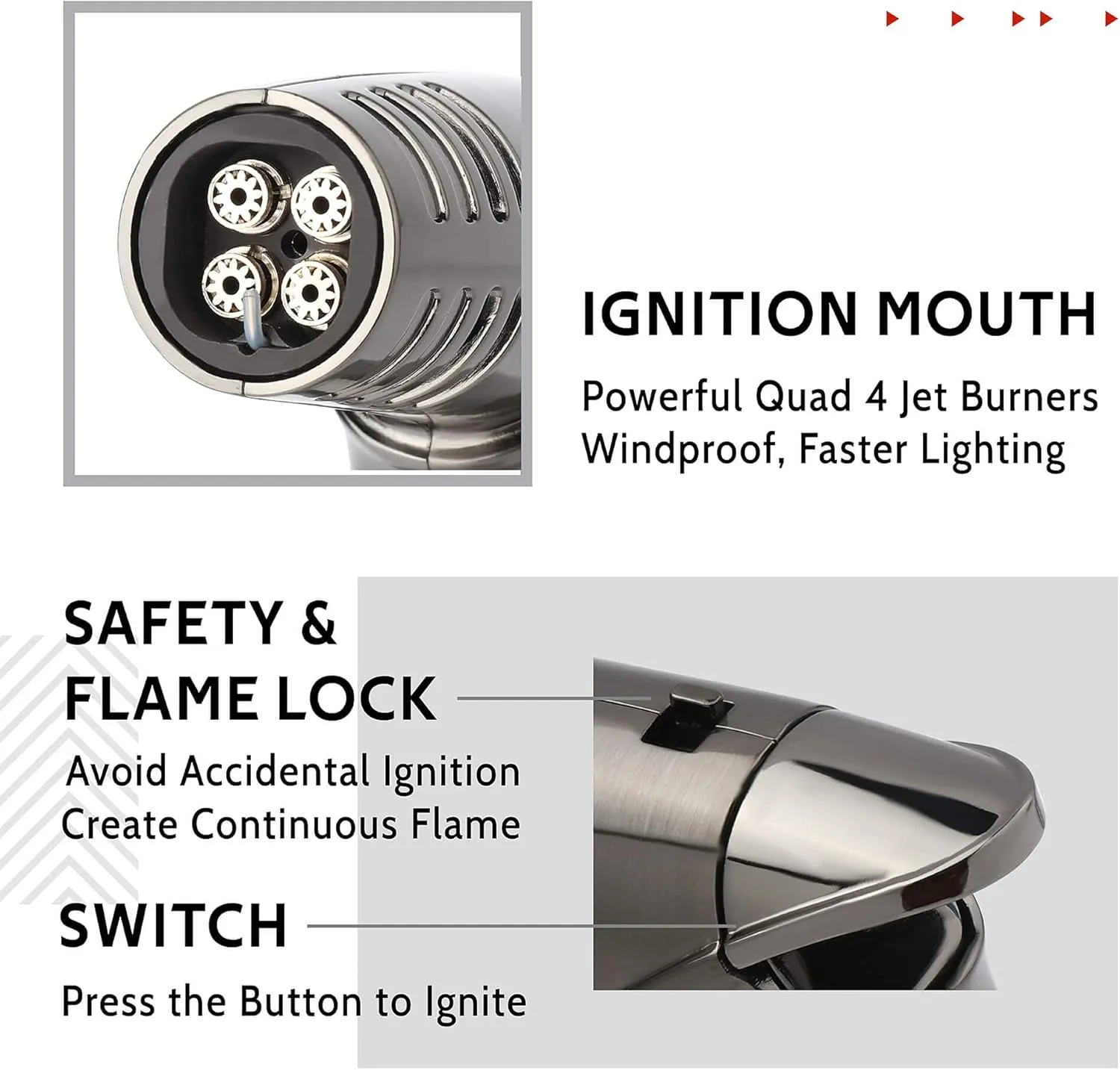 Torch Lighter, Quad 4 Jet Flame Windproof Butane Refillable Lighter with Safety Lock for Kitchen Grill BBQ Candle Camping (Butane NOT Included) (Gunmetal)