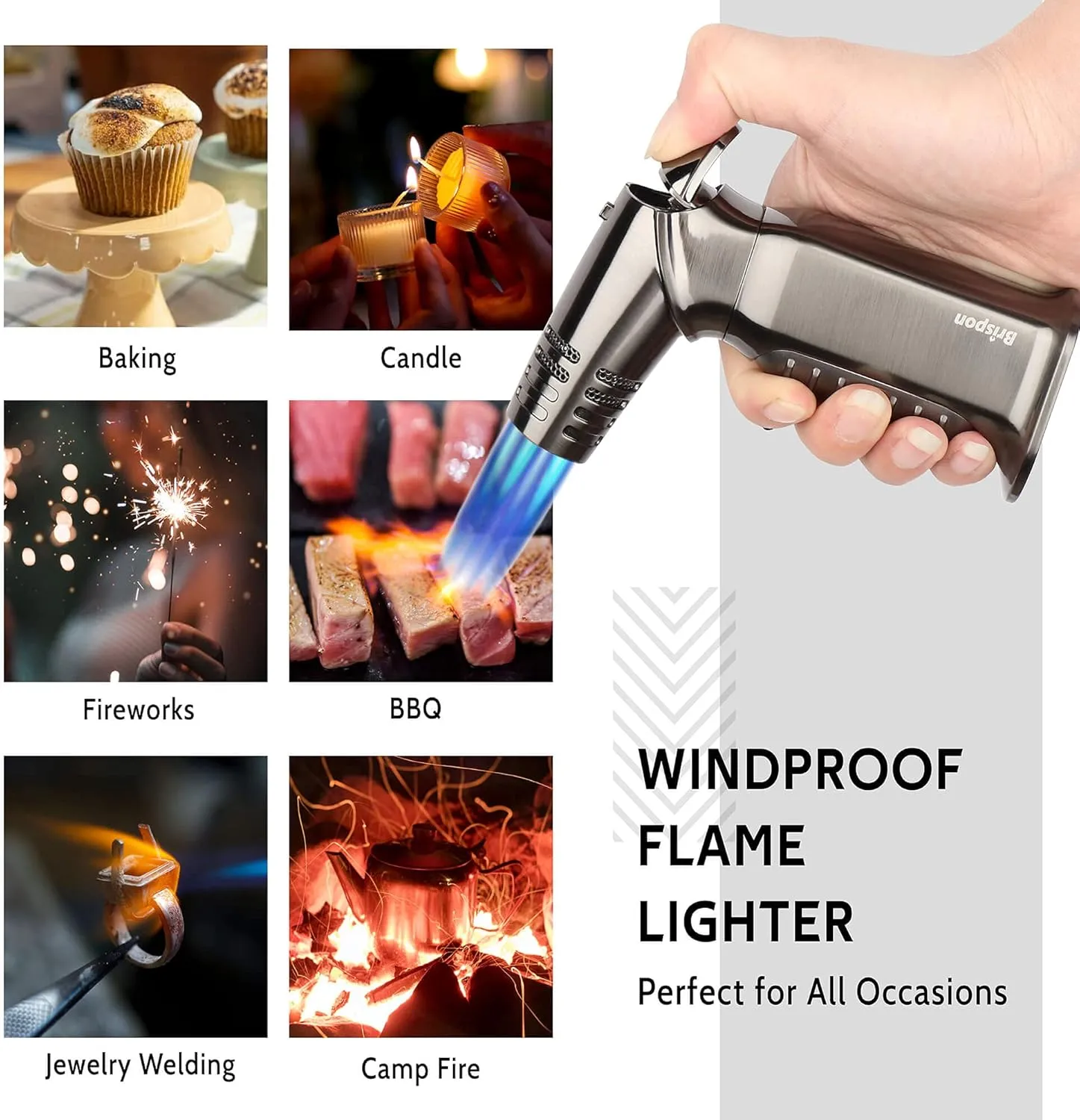 Torch Lighter, Quad 4 Jet Flame Windproof Butane Refillable Lighter with Safety Lock for Kitchen Grill BBQ Candle Camping (Butane NOT Included) (Gunmetal)