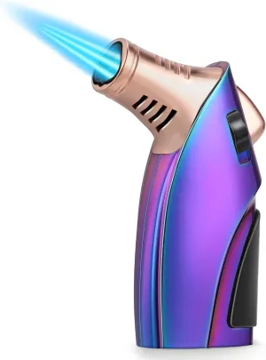 Torch Lighter, Windproof Triple jet Flame Butane Lighter with Safety Lock, Adjustable Flame Refillable Pocket Lighter for Kitchen Outdoor Use, Zinc Alloy - Rainbow Colored (Butane Not Included)