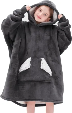 Touchat Kids Wearable Blanket Hoodie, Oversized Sherpa Blanket Sweatshirt with Hood Pocket and Sleeves, Super Soft Warm Plush Hooded Blanket for Kids, One Size Fits All (Grey)