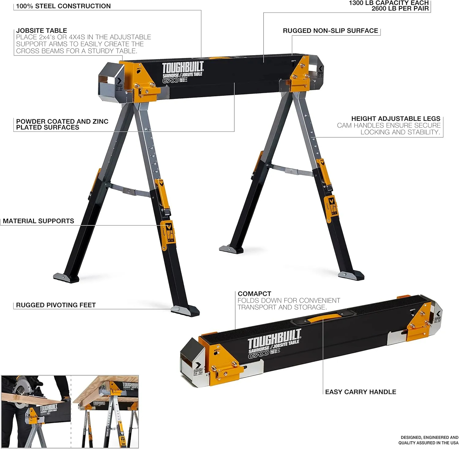 ToughBuilt - Folding Sawhorse - Sturdy, Durable, Lightweight, Heavy-Duty, 100% High Grade Steel - Adjustable up to 4x4 Size Support Arms - 1300 LB Capacity - (TB-C700) - 2 Pack