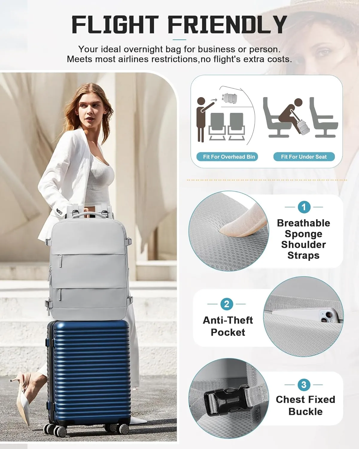 Travel Backpack Carry on Flight Approved Carry on Backpack for Airplanes Personal Item Travel Bag 18x14x8 Inches Traveling Backpack for Men Women Airback Backpack for Travel Mochila de Viaje Grey