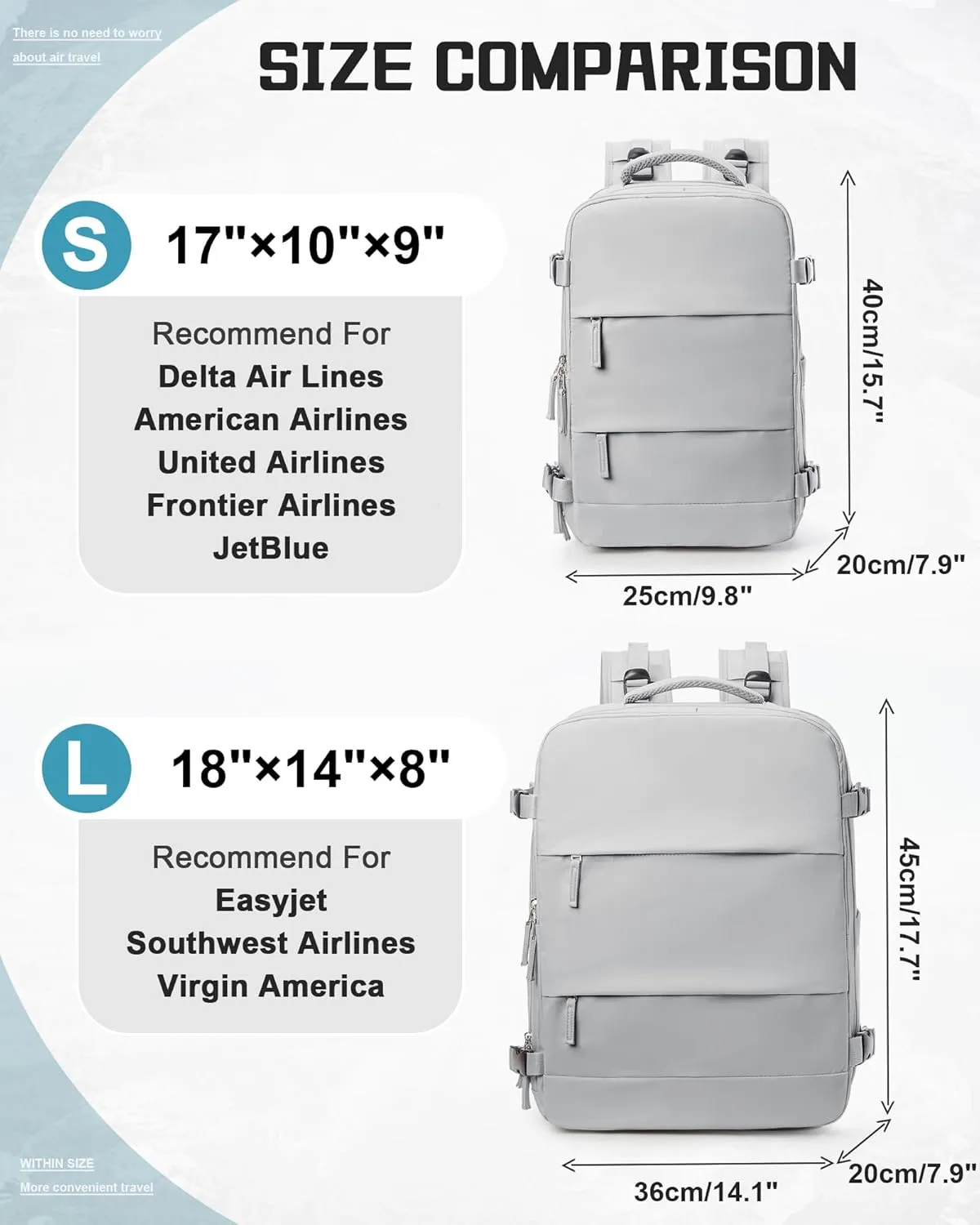 Travel Backpack Carry on Flight Approved Carry on Backpack for Airplanes Personal Item Travel Bag 18x14x8 Inches Traveling Backpack for Men Women Airback Backpack for Travel Mochila de Viaje Grey