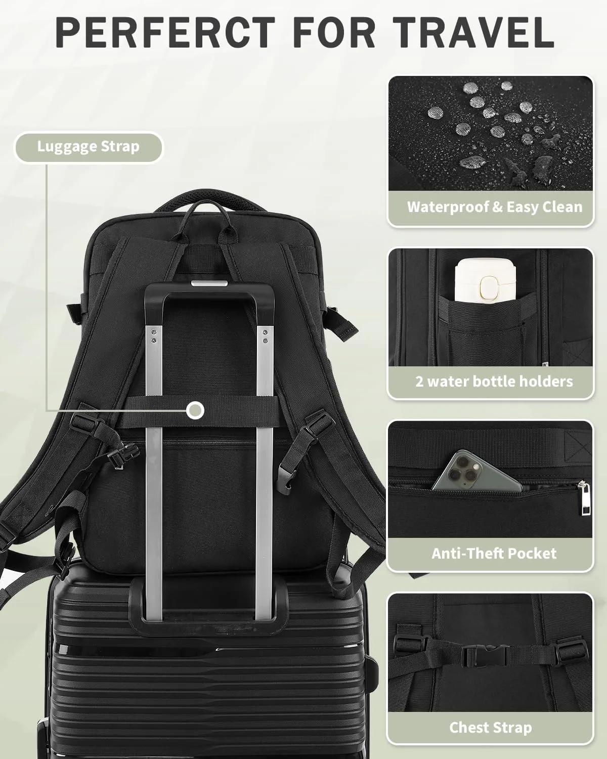 Travel Backpack for Women Men, 40L Carry on Flight Approved Backpack, Personal Item Travel Bag with Multi-Pockets, Waterproof Travel Bag Fits 17 Inch Laptop, Gift for Weekender, College, Work, Black