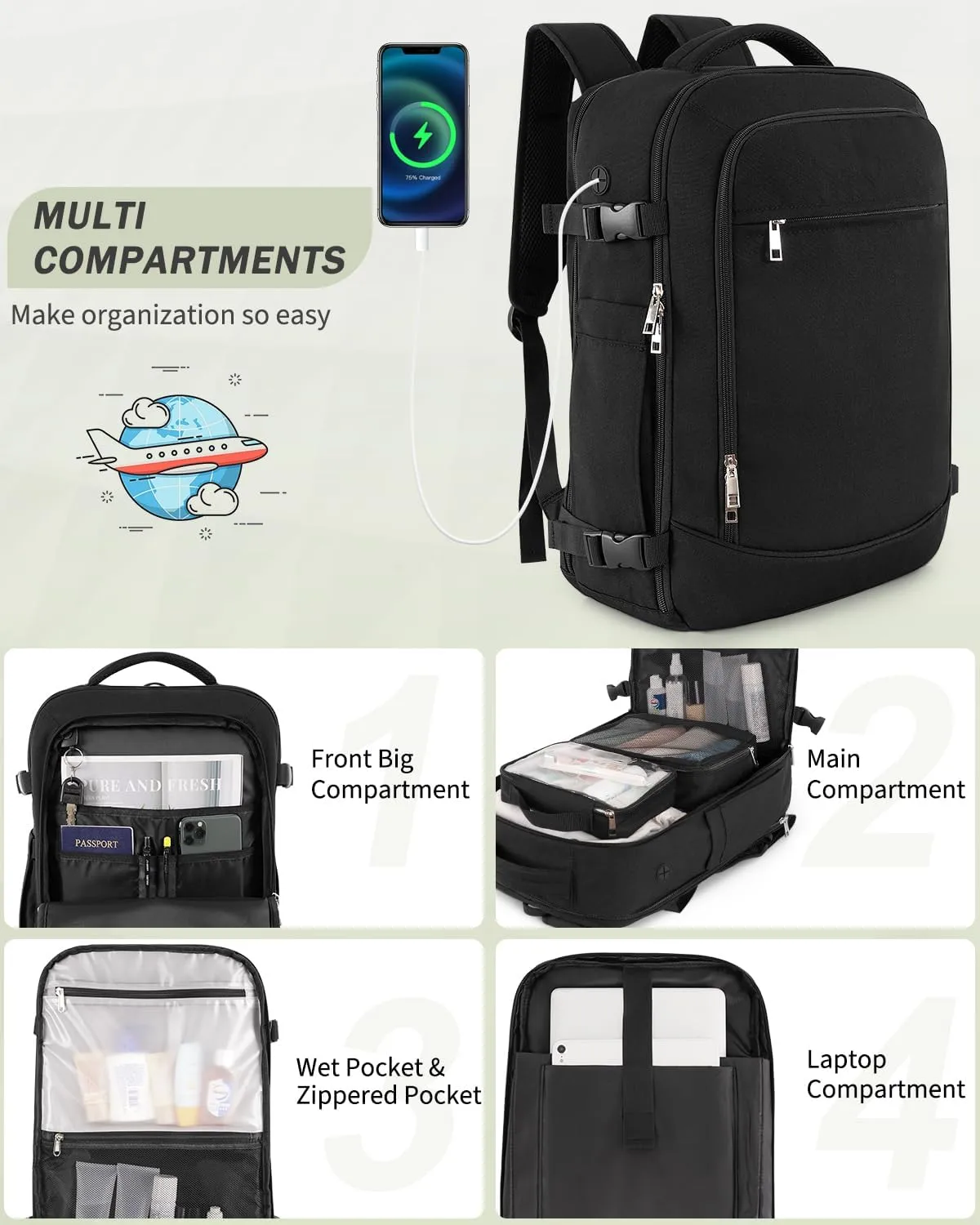 Travel Backpack for Women Men, 40L Carry on Flight Approved Backpack, Personal Item Travel Bag with Multi-Pockets, Waterproof Travel Bag Fits 17 Inch Laptop, Gift for Weekender, College, Work, Black