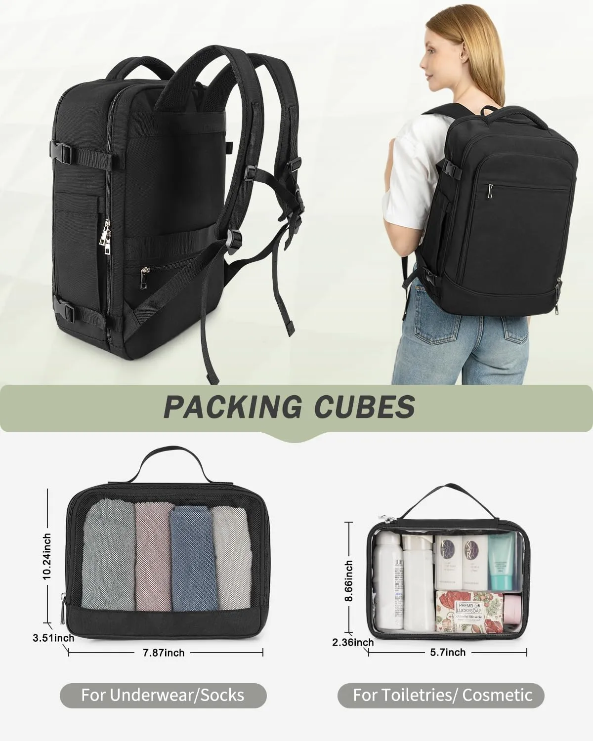 Travel Backpack for Women Men, 40L Carry on Flight Approved Backpack, Personal Item Travel Bag with Multi-Pockets, Waterproof Travel Bag Fits 17 Inch Laptop, Gift for Weekender, College, Work, Black