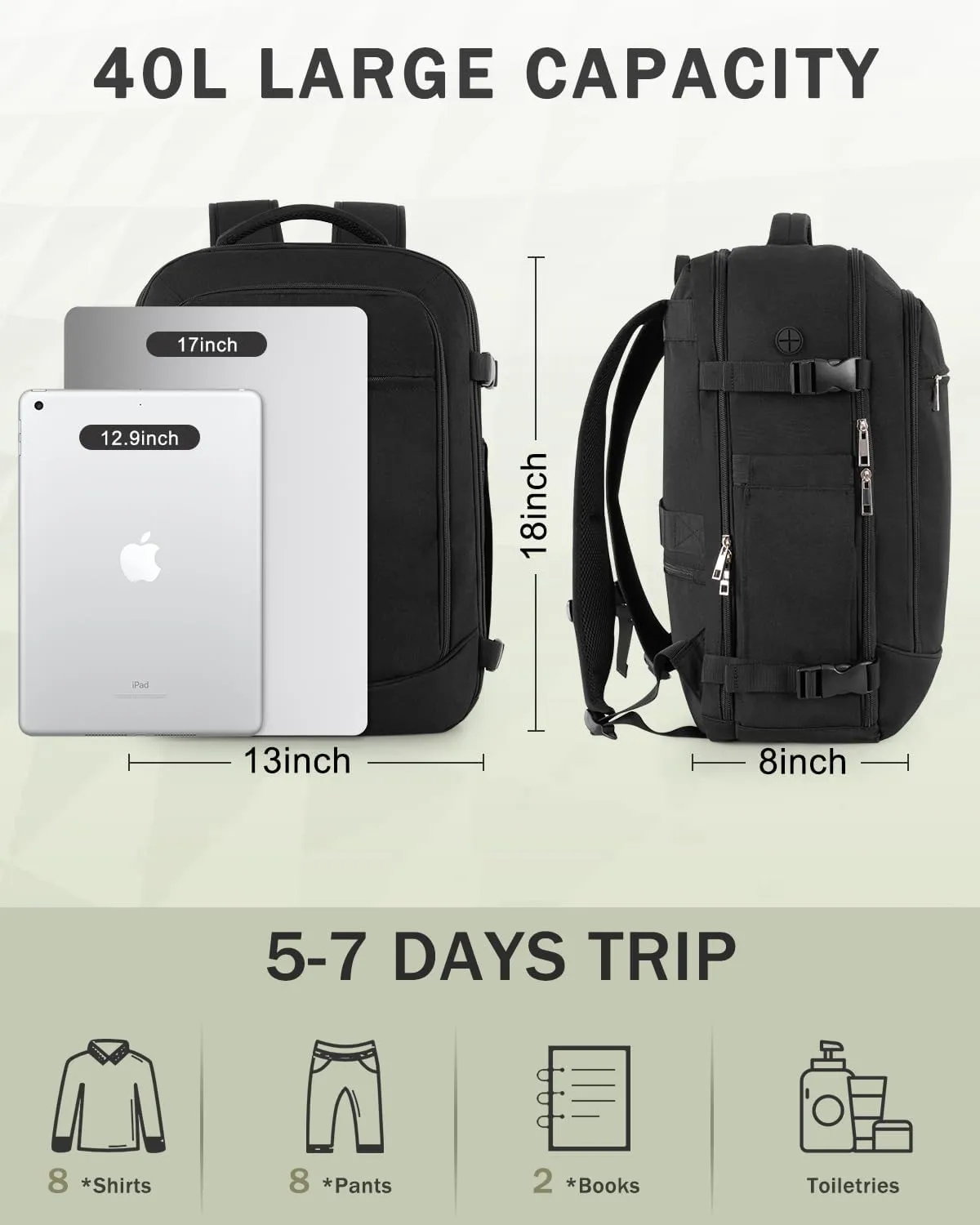 Travel Backpack for Women Men, 40L Carry on Flight Approved Backpack, Personal Item Travel Bag with Multi-Pockets, Waterproof Travel Bag Fits 17 Inch Laptop, Gift for Weekender, College, Work, Black