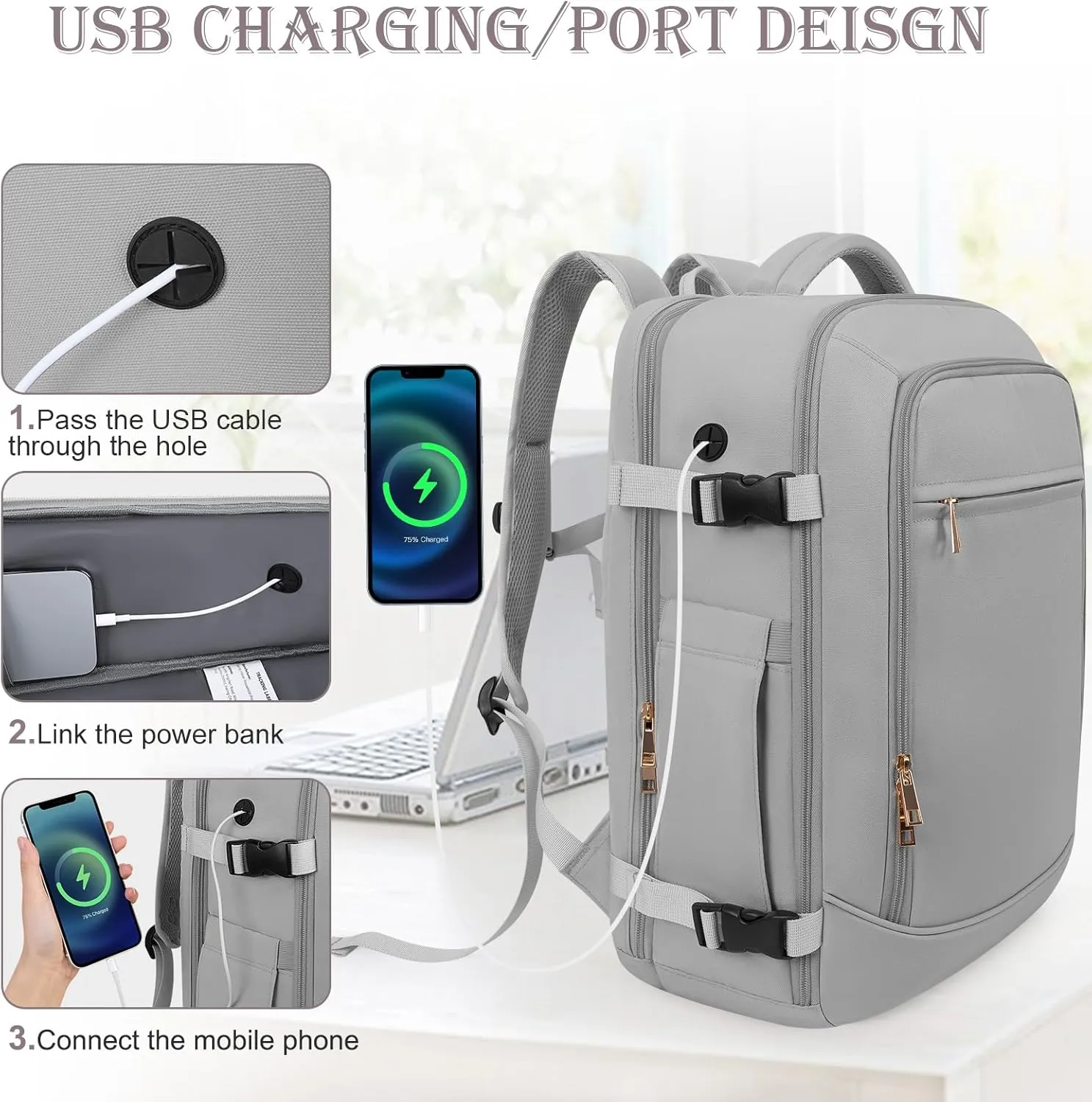 Travel Backpack, Large Backpack for Men Women, Flight-approved Carry-on Backpack, 40L Personal Item Travel Backpack, Travel Essentials, Grey