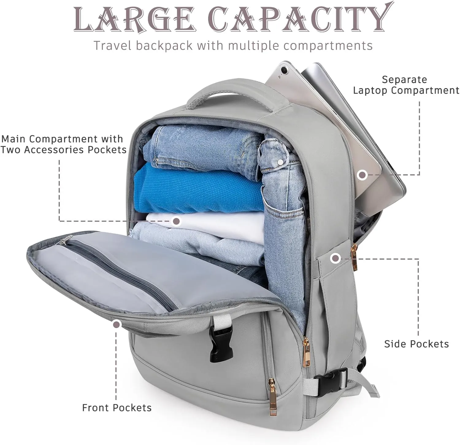 Travel Backpack, Large Backpack for Men Women, Flight-approved Carry-on Backpack, 40L Personal Item Travel Backpack, Travel Essentials, Grey