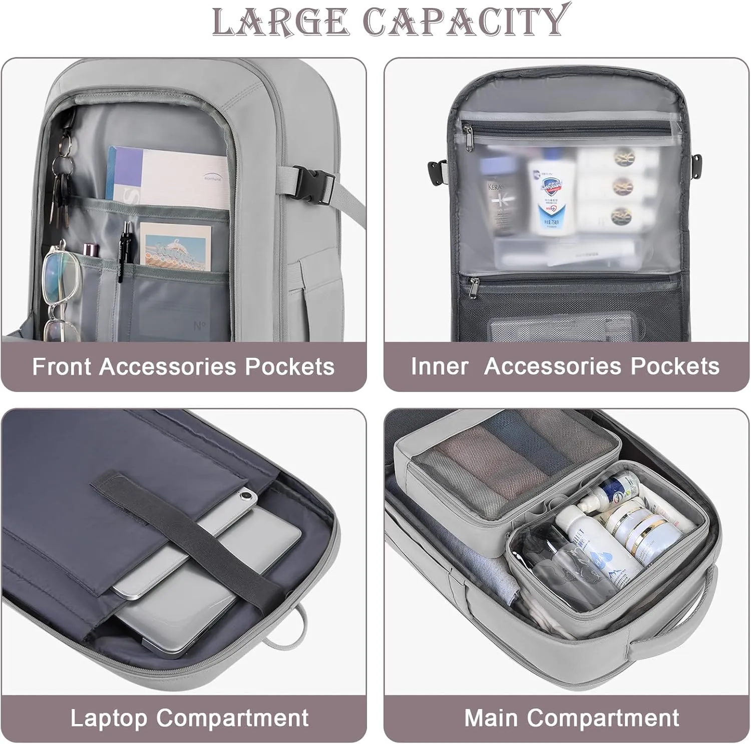 Travel Backpack, Large Backpack for Men Women, Flight-approved Carry-on Backpack, 40L Personal Item Travel Backpack, Travel Essentials, Grey