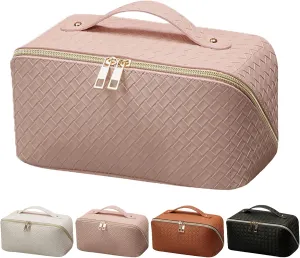 Travel Cosmetic Bag Checkered bag Large Capacity Makeup Bag Opens Flat for Easy Access with Compartment Handle Water-Resistant PU Leather Portable Everything Cosmetic Bag, Woven Pink