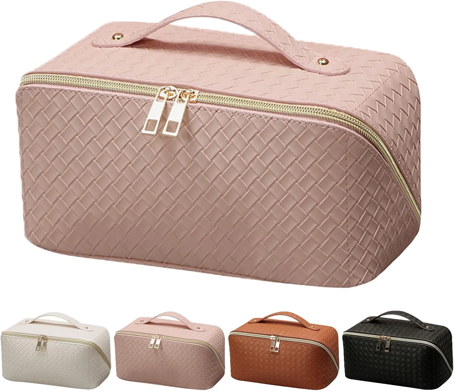 Travel Cosmetic Bag Checkered bag Large Capacity Makeup Bag Opens Flat for Easy Access with Compartment Handle Water-Resistant PU Leather Portable Everything Cosmetic Bag, Woven Pink