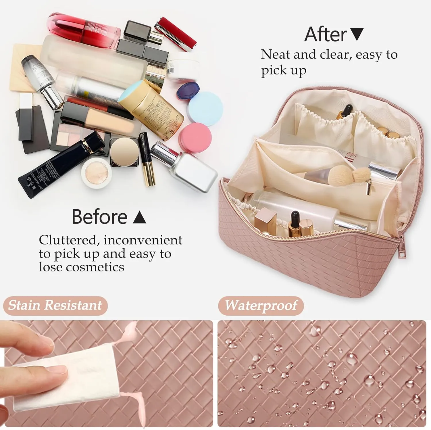 Travel Cosmetic Bag Checkered bag Large Capacity Makeup Bag Opens Flat for Easy Access with Compartment Handle Water-Resistant PU Leather Portable Everything Cosmetic Bag, Woven Pink