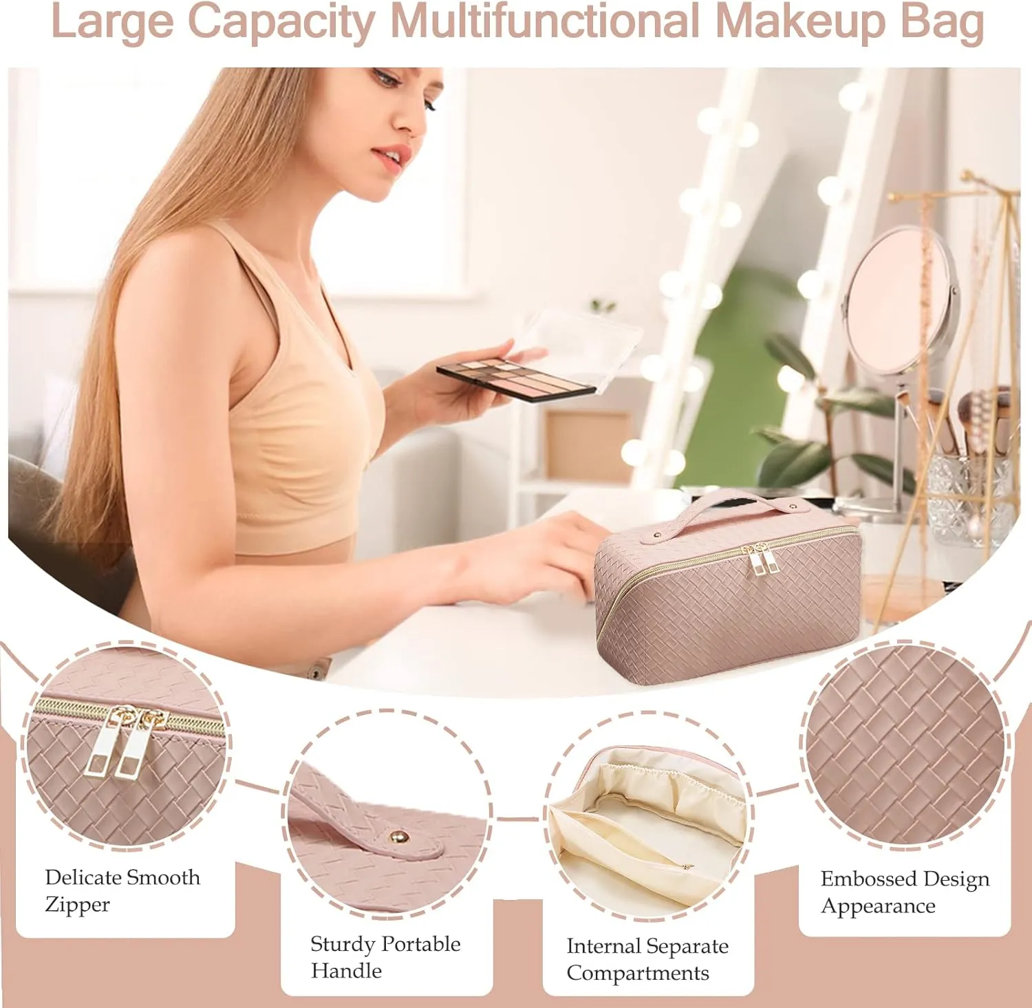 Travel Cosmetic Bag Checkered bag Large Capacity Makeup Bag Opens Flat for Easy Access with Compartment Handle Water-Resistant PU Leather Portable Everything Cosmetic Bag, Woven Pink