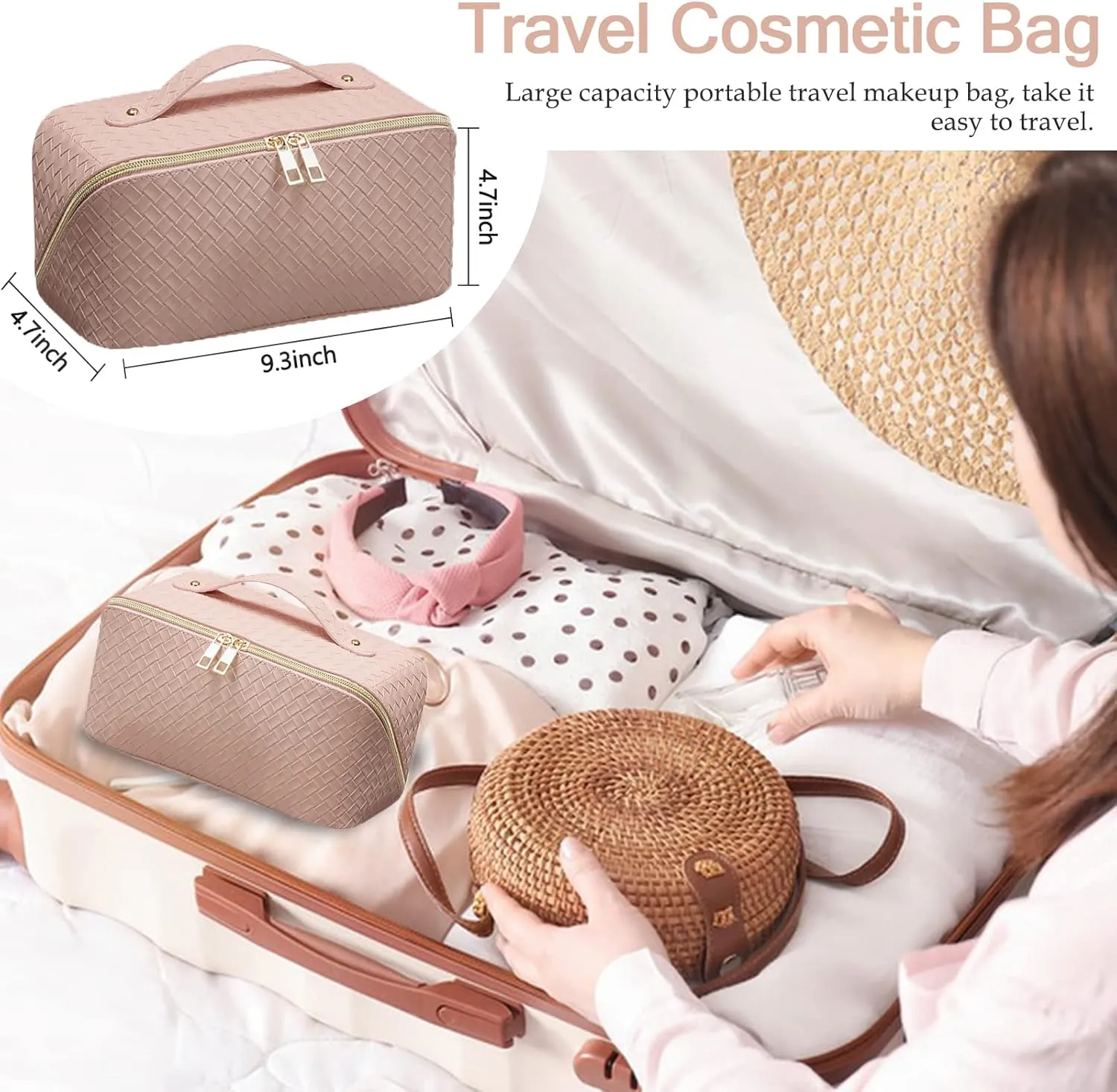 Travel Cosmetic Bag Checkered bag Large Capacity Makeup Bag Opens Flat for Easy Access with Compartment Handle Water-Resistant PU Leather Portable Everything Cosmetic Bag, Woven Pink