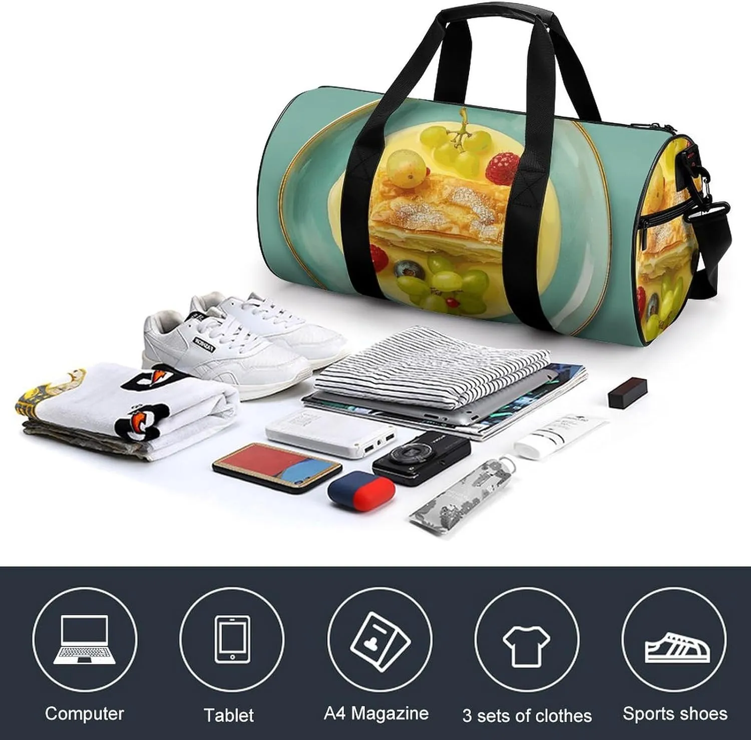 Travel Duffel Bag for Men And Women,Food on Plate Waterproof Sports Fitness Bag Portable Travel Duffel Bag