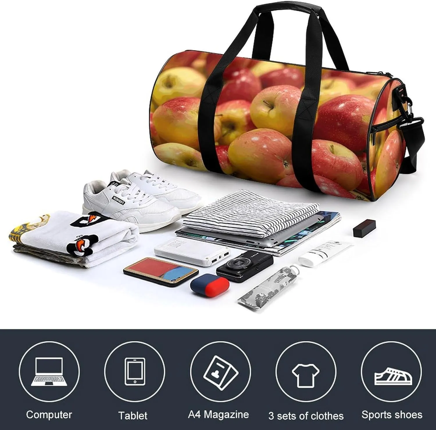 Travel Duffel Bag for Men And Women,Pile of Fruits Images Waterproof Sports Fitness Bag Portable Travel Duffel Bag, 17.7in/9in/9in