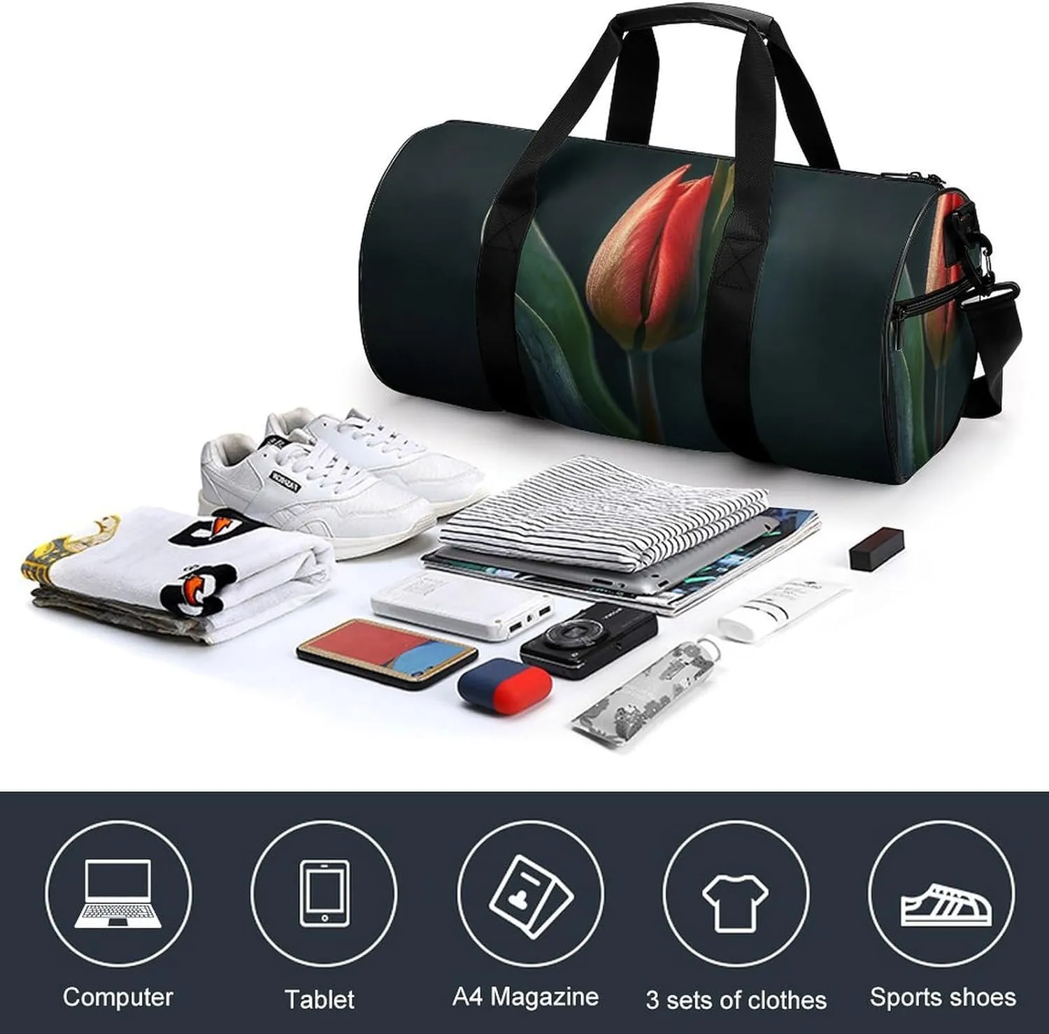 Travel Duffel Bag for Men And Women,Red Tulip Buds Waterproof Sports Fitness Bag Portable Travel Duffel Bag
