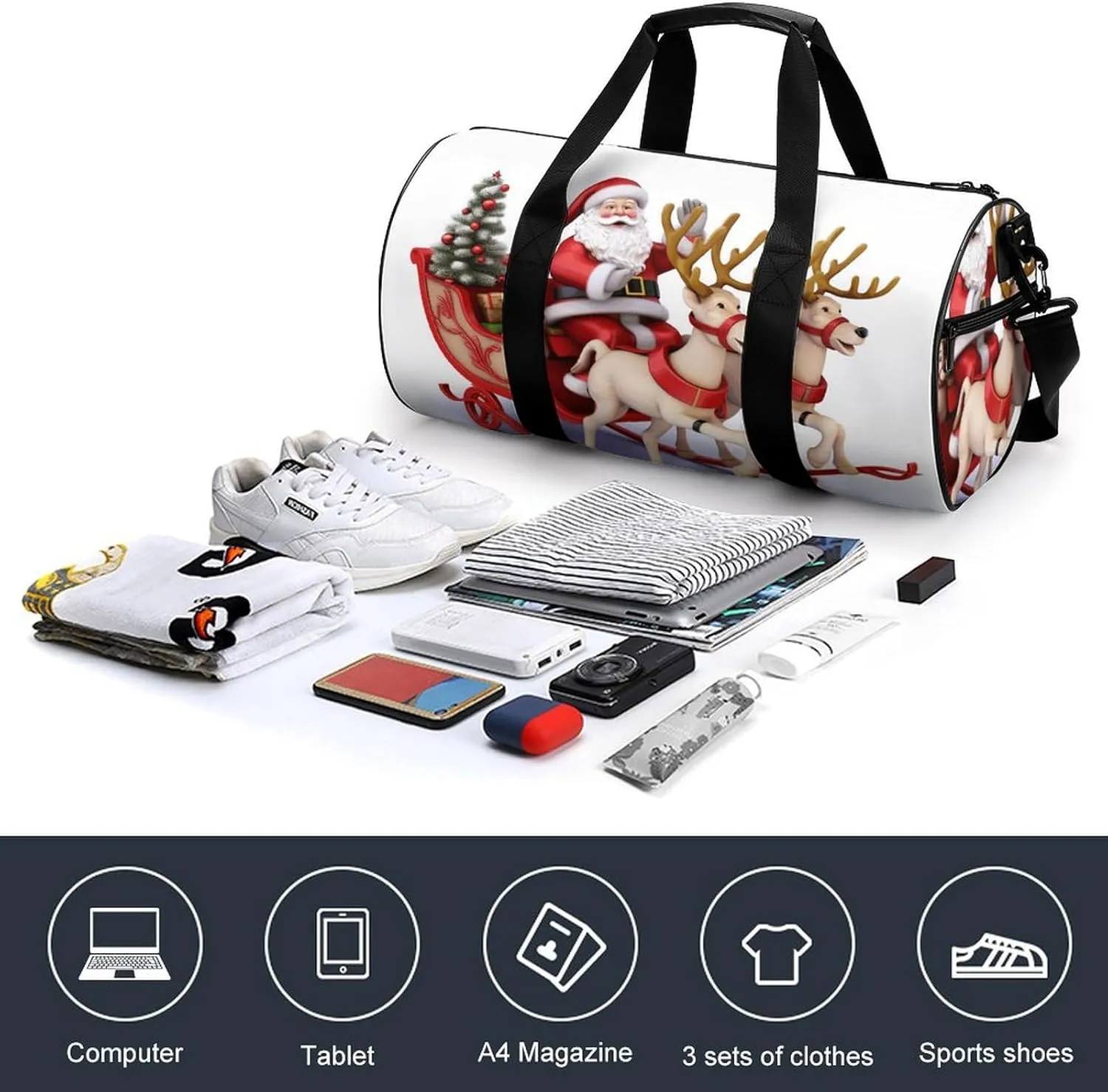Travel Duffel Bag for Men And Women,Santa Claus Reindeer Sled Waterproof Sports Fitness Bag Portable Travel Duffel Bag