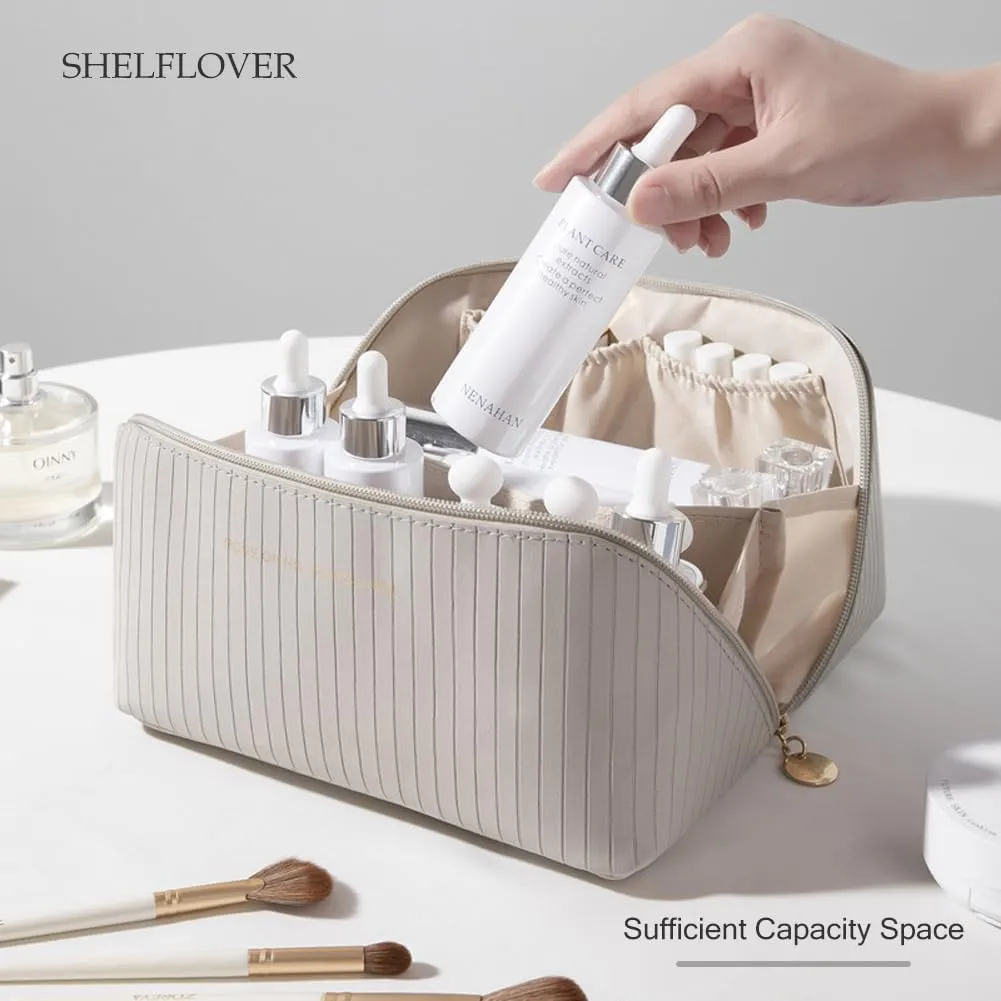 Travel Toiletry Bag Makeup Bag, Water-Resistent Cosmetic Bags for Women, Portable Pouch Open Flat Make Up Organizer Case, Cosmetic Bags, Grey Striped