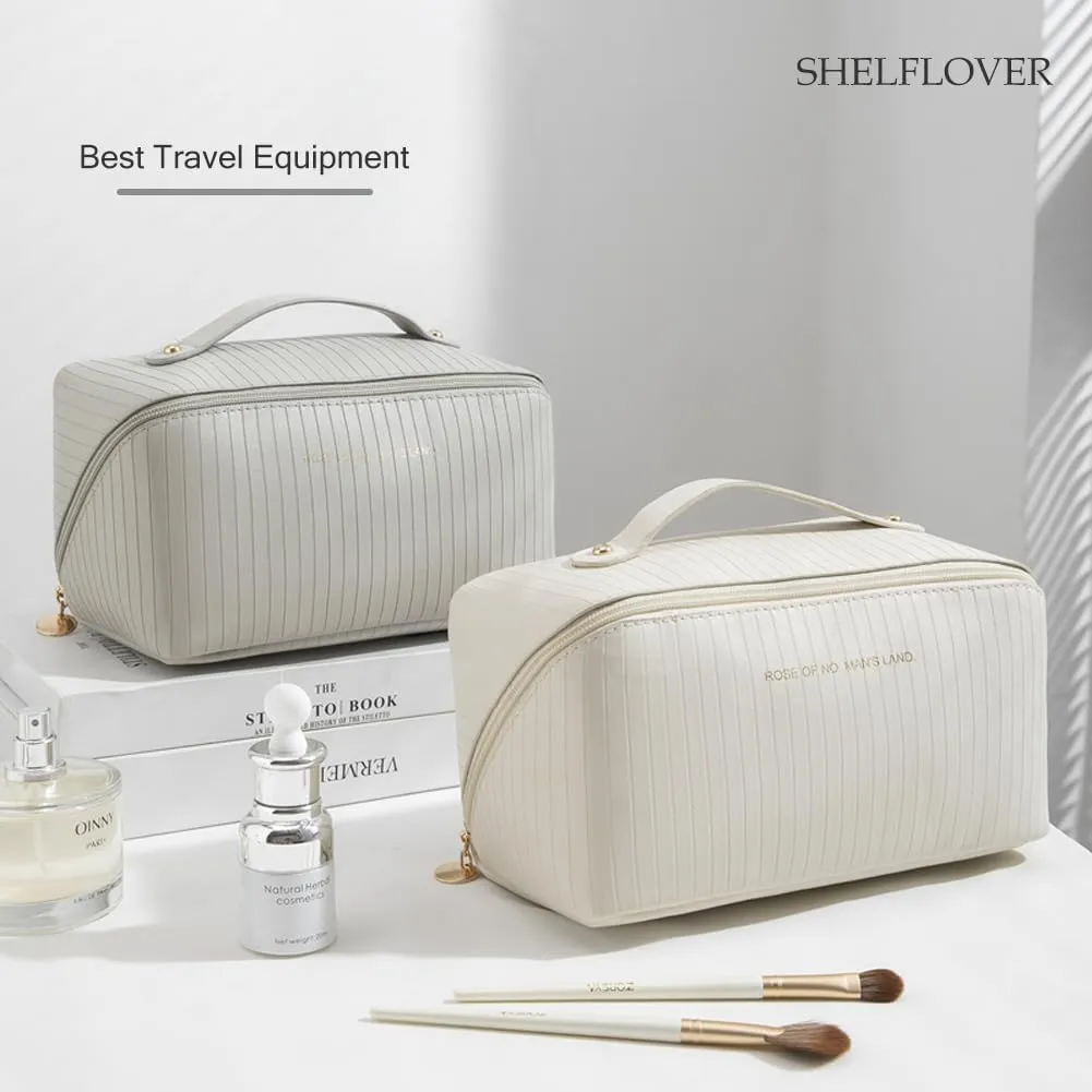 Travel Toiletry Bag Makeup Bag, Water-Resistent Cosmetic Bags for Women, Portable Pouch Open Flat Make Up Organizer Case, Cosmetic Bags, Grey Striped
