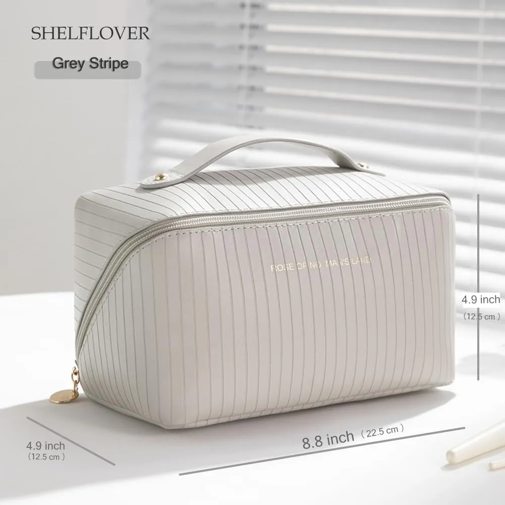 Travel Toiletry Bag Makeup Bag, Water-Resistent Cosmetic Bags for Women, Portable Pouch Open Flat Make Up Organizer Case, Cosmetic Bags, Grey Striped