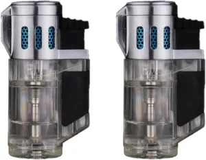 Tri-Jet Butane Lighter, Windproof Flame, Refillable Gas, Clear Canister, Adjustable Flame, 2-Pack, Indoor and Outdoor Use (Gas Not Included)(2pc 1)