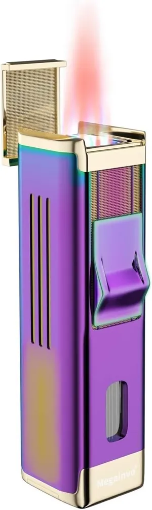 Triple Nozzle Lighter, Pink Flame Butane Torch Lighter, Refillable Adjustable Gas Lighter with Fuel Viewing Window, Windproof Lighter Gift for Men Women (Butane Gas Not Included) (Color : A)