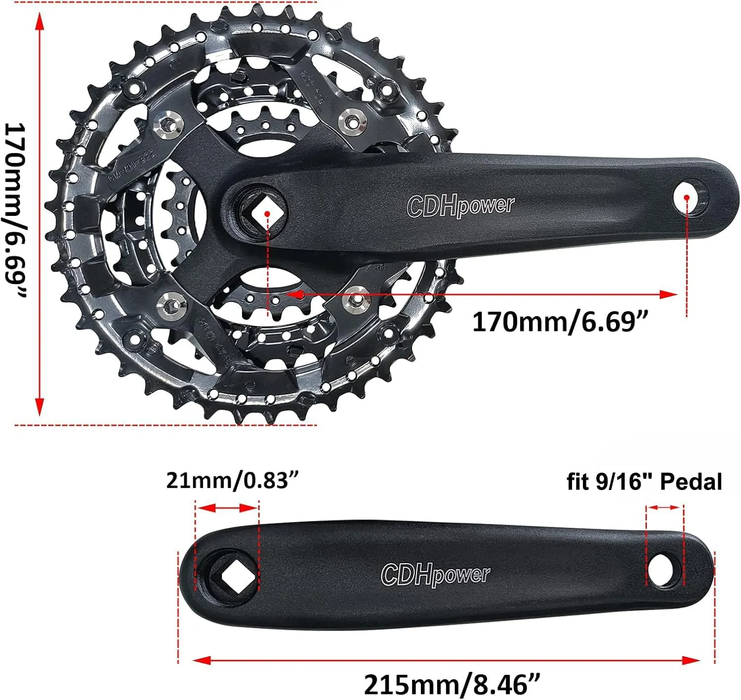Triple Speed Aluminum Alloy Square Crankset 170mm 104/64bcd 42/32/22T, 48/38/28T with Chainring Crankarms, Crank Set Chainset for Mountain Road Bike Fixed Gear Bicycle