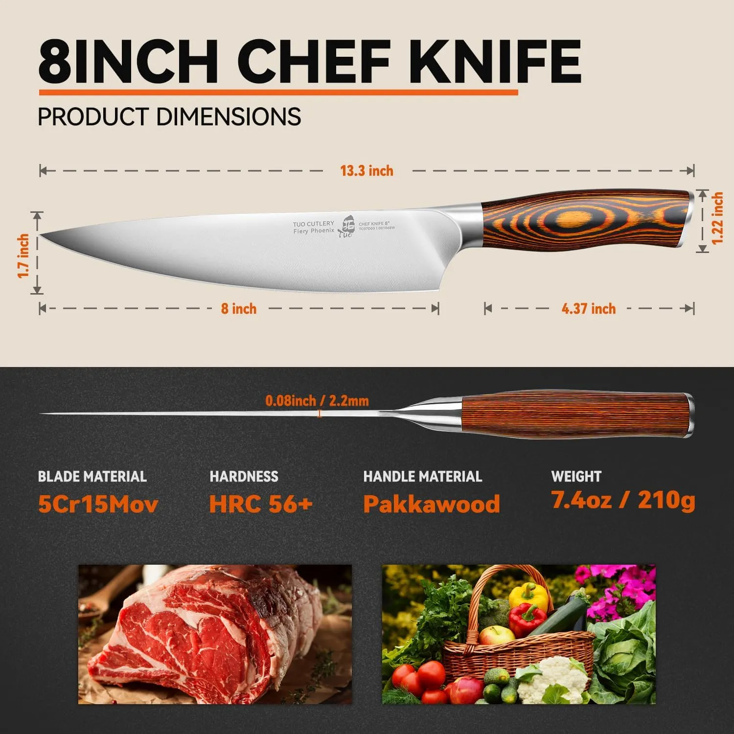 TUO Chef Knife, 8 inch Sharp Kitchen Knife with Pakkawood Handle, High Carbon Steel, Professional for Chopping & Dicing, Gift Box - Fiery Phoenix Series