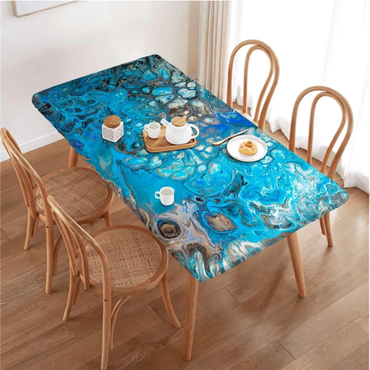 Turquoise Green Fitted Tablecloth Twist Textures with Marble Pattern Picnic Fitted Tablecloth Rectangle Table Cover Abstract Fits up 5 Foot Tables
