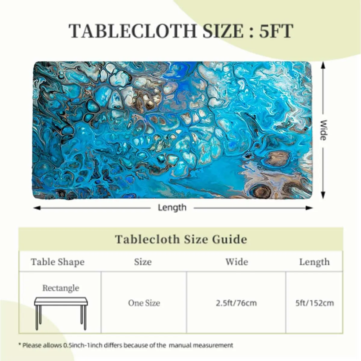 Turquoise Green Fitted Tablecloth Twist Textures with Marble Pattern Picnic Fitted Tablecloth Rectangle Table Cover Abstract Fits up 5 Foot Tables