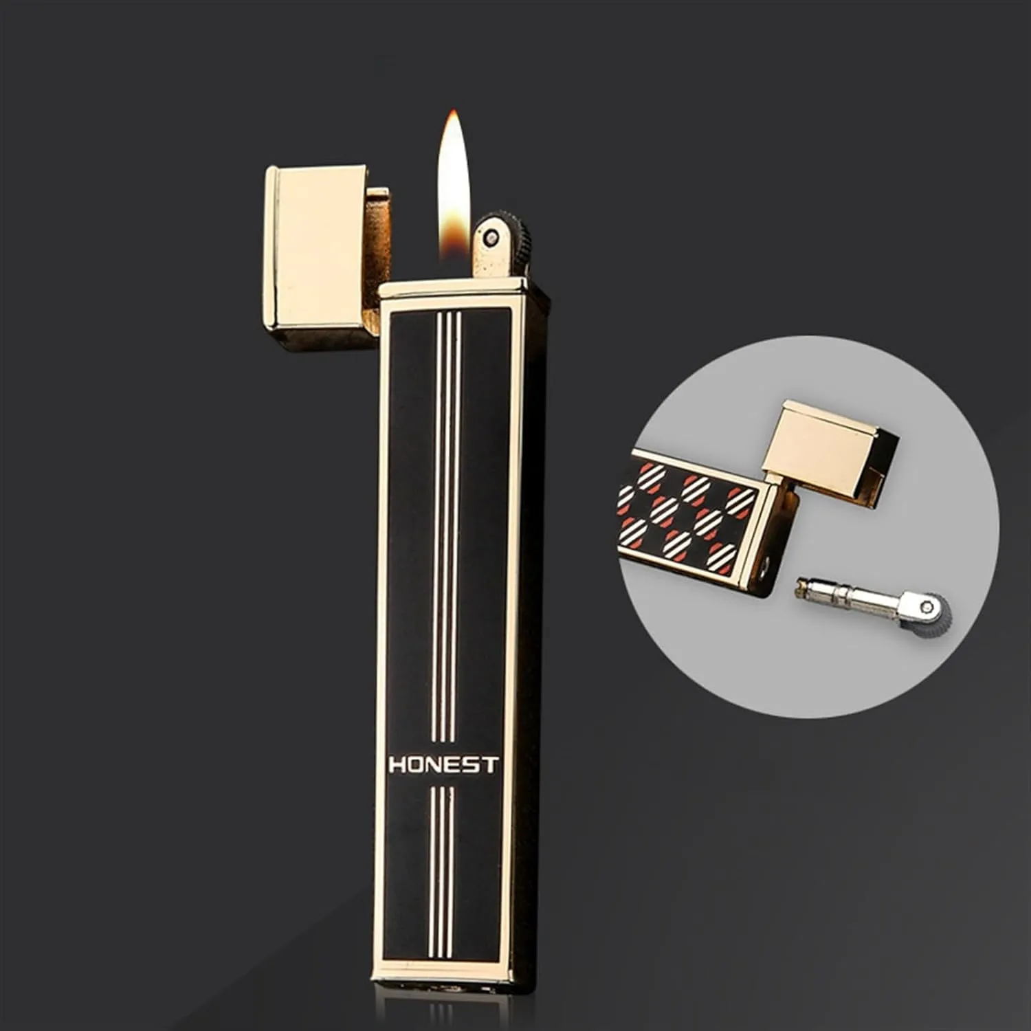 Ultra-Thin Mini Butane Gas Lighter, Portable Long Strip Soft Flame Metal Lighter, Pocket Lighter, Refillable, Adjustable Flame Size Torch Lighter, Gift for Men and Women (No Fuel)(A)