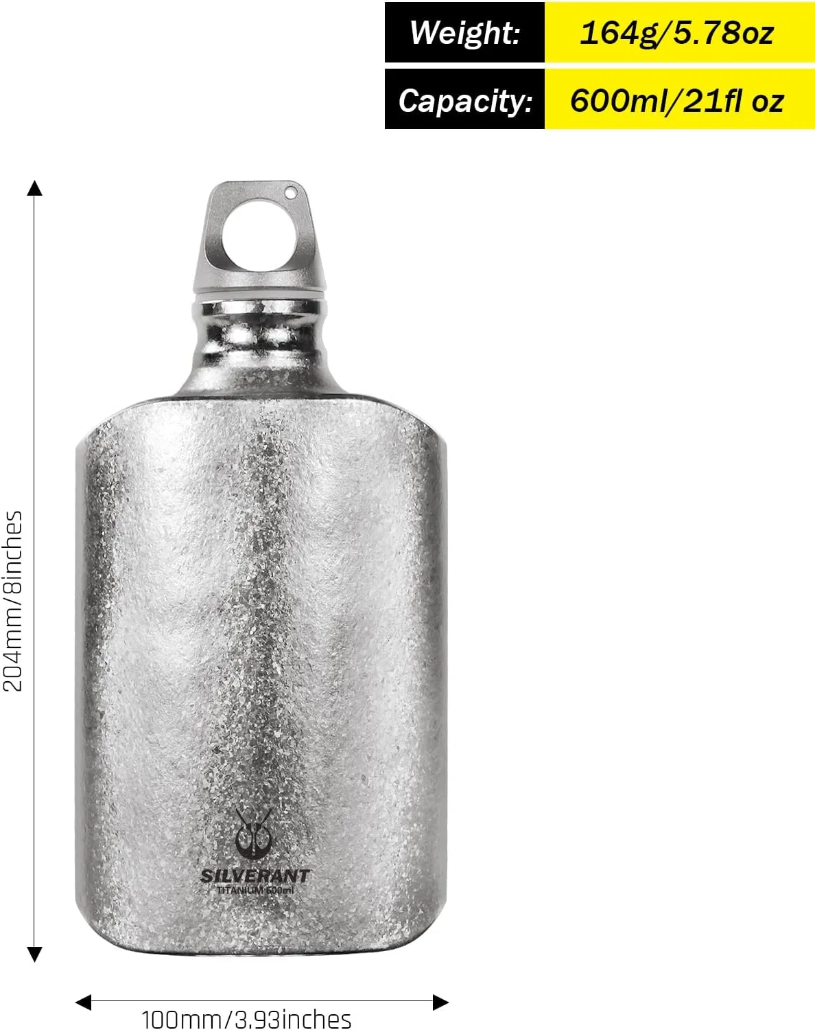Ultralight Titanium Water Bottle 600ml/21 fl oz Crystallized Finish - Outdoor Camping Hiking Sports Hydration Bottle with Insulating Thermal Sleeve & Leakproof Clip Loop Cap - Slim Design
