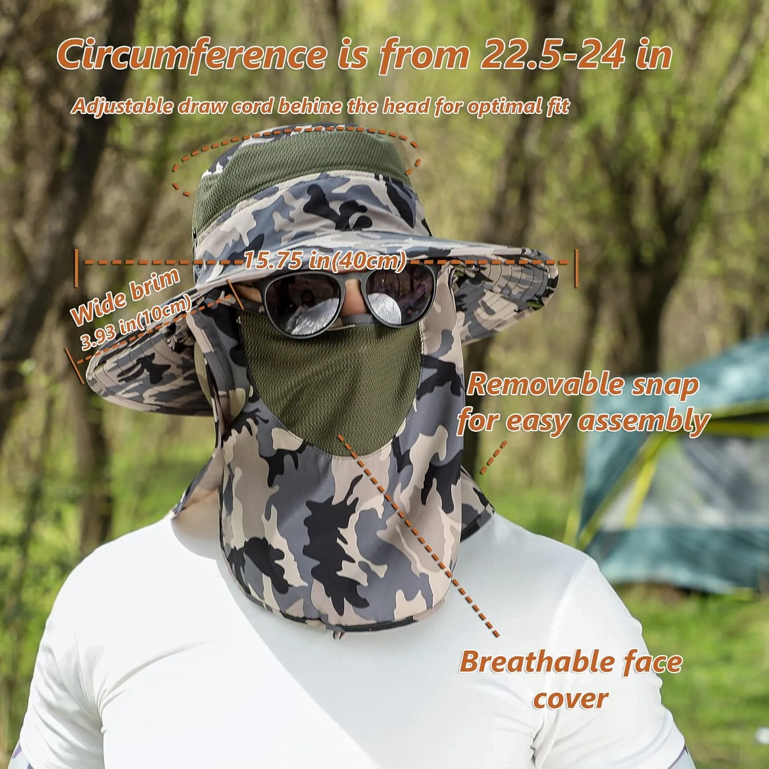 UPF 50  Sun Fishing Hat for Men Women Wide Brim Hat with Detachable Face Cover & Neck Flap