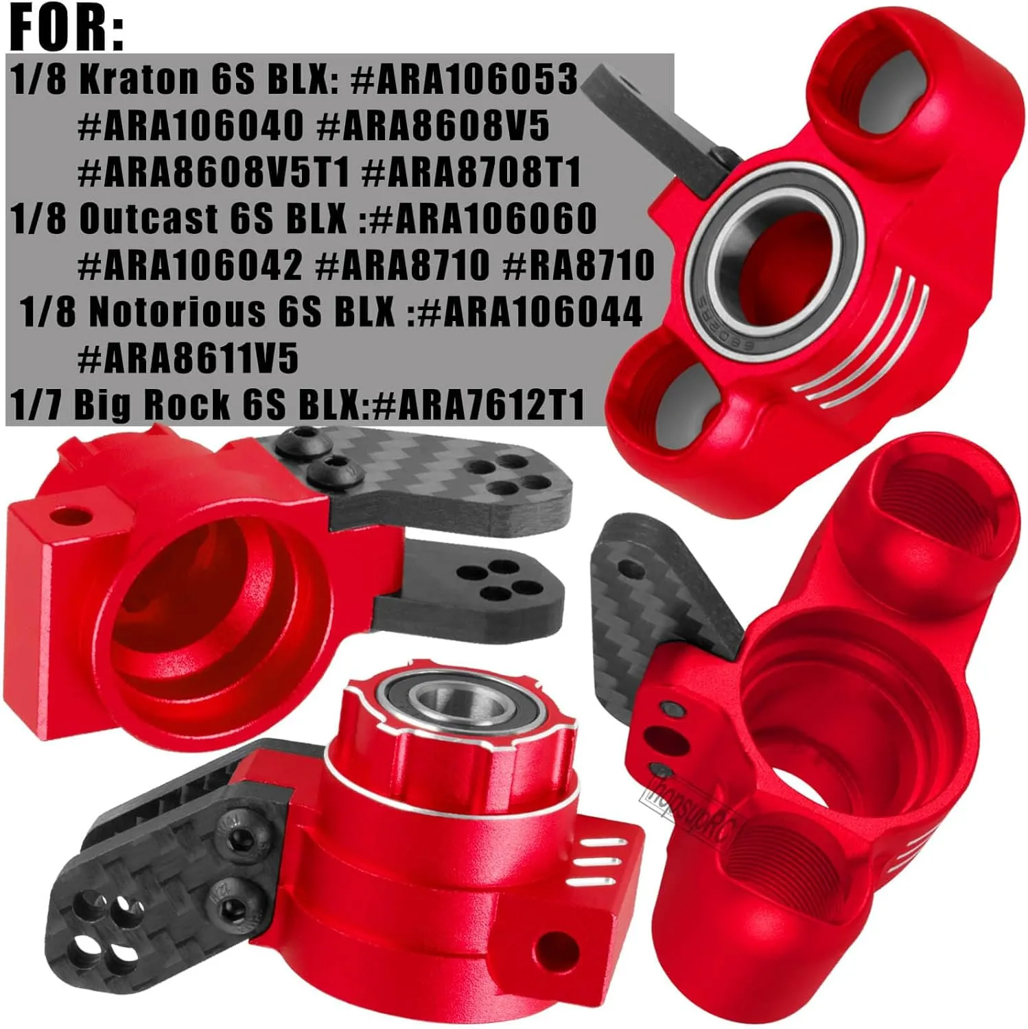 Upgrades for 1/8 Kraton/Outcast/Notorious 6S BLX,1/7 Big Rock 6S BLX,Aluminum Front Steering Block Knuckles & C-Hubs Caster Blocks & Rear Hubs Hops Up,Replaces #AR330505#AR330404,Red
