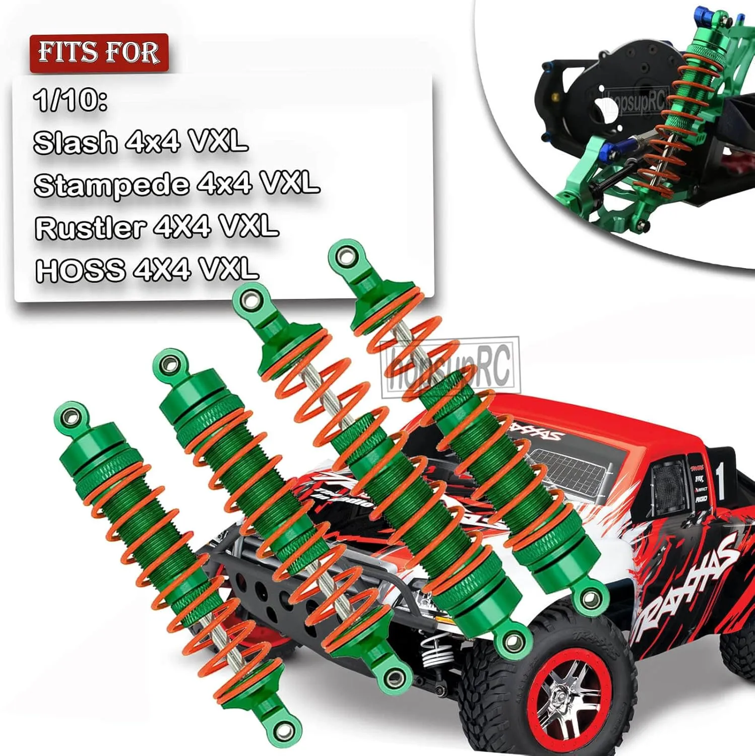 Upgrades Part for 1/10 Slash/Rustler/Stampede/Hoss 4x4 VXL 4wd,Full Metal Big Bore RC Shock Absorber & Alloy Steering Blocks Caster Blocks C-Hubs Stub Axle Carriers,Wheel Hex,Green
