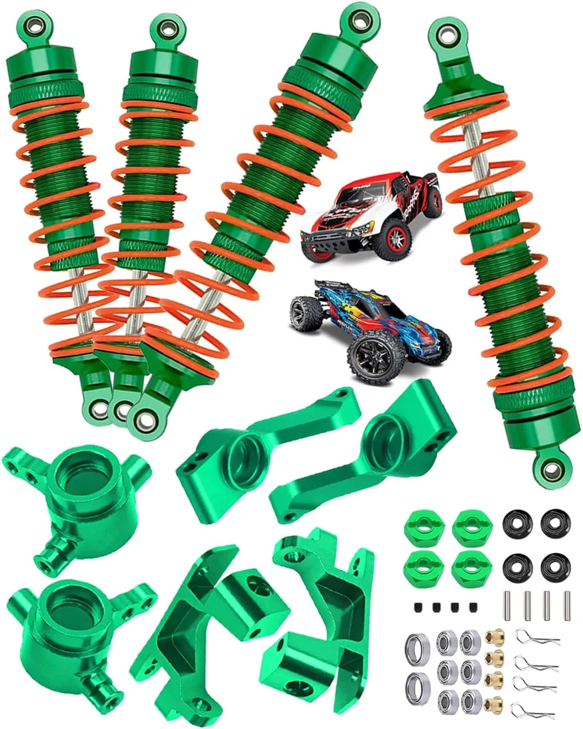 Upgrades Part for 1/10 Slash/Rustler/Stampede/Hoss 4x4 VXL 4wd,Full Metal Big Bore RC Shock Absorber & Alloy Steering Blocks Caster Blocks C-Hubs Stub Axle Carriers,Wheel Hex,Green