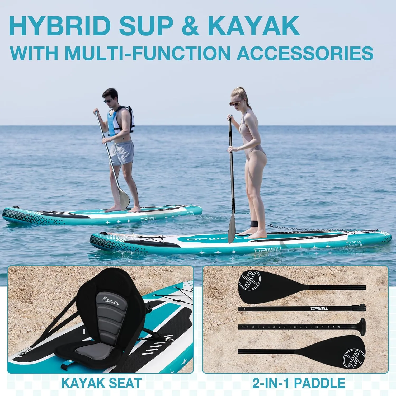 UPWELL 10'6"/11'/11'6" Inflatable Paddle Board, Stand Up Paddle Board for Youth & Adults, Stable Design, Premium SUP Accessories, Backpack, 10L Dry Bag, Paddle, Leash, Hand Pump, Fins
