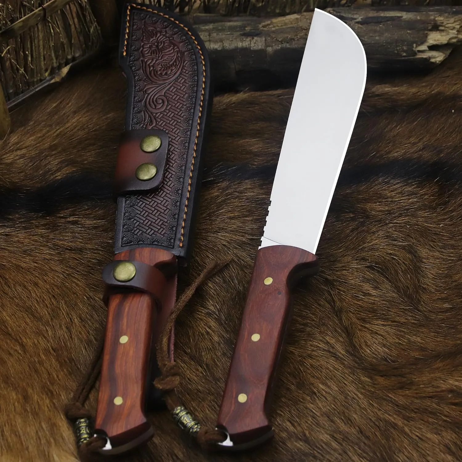 USA 8mmDC53 steel 35CM (14 ") full Tang fixed knife with leather sheath and (5.9 ") ceria ignition head, suitable for outdoor hunting, camping, clearing, adventure, fishing, EDC, BBQ (BA-K0a(8mm))