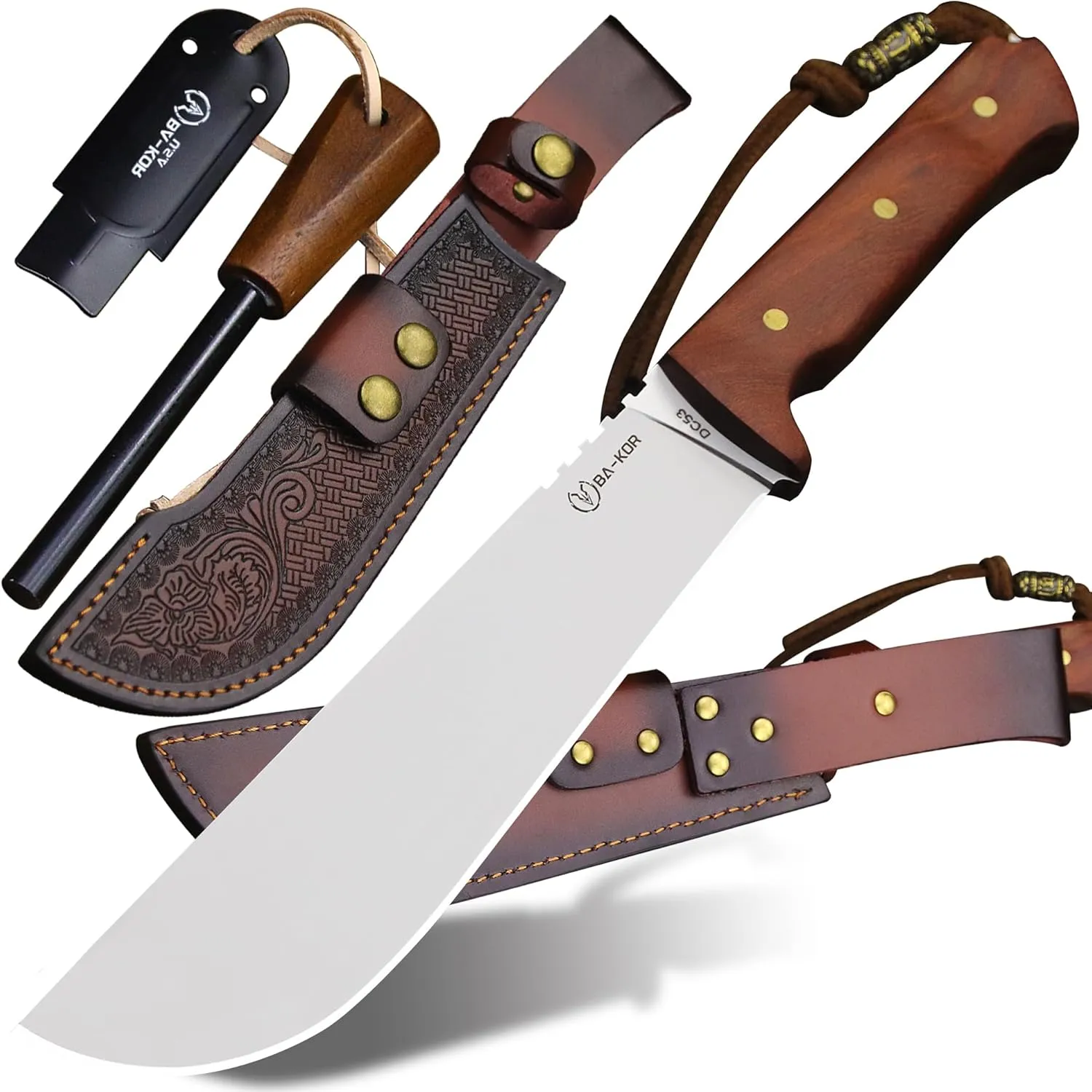 USA 8mmDC53 steel 35CM (14 ") full Tang fixed knife with leather sheath and (5.9 ") ceria ignition head, suitable for outdoor hunting, camping, clearing, adventure, fishing, EDC, BBQ (BA-K0a(8mm))