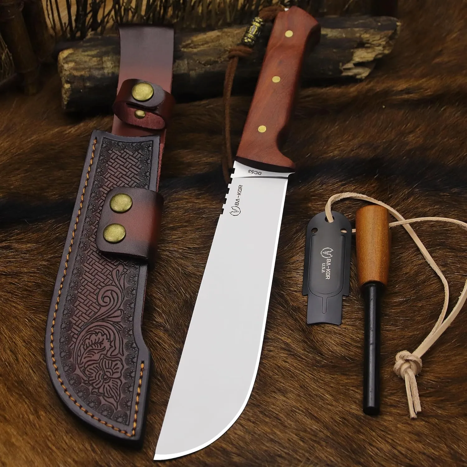 USA 8mmDC53 steel 35CM (14 ") full Tang fixed knife with leather sheath and (5.9 ") ceria ignition head, suitable for outdoor hunting, camping, clearing, adventure, fishing, EDC, BBQ (BA-K0a(8mm))