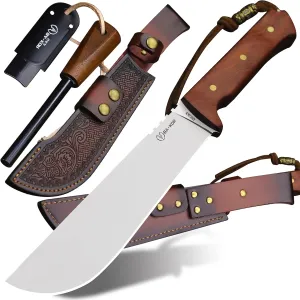 USA 8mmDC53 steel 35CM (14 ") full Tang fixed knife with leather sheath and (5.9 ") ceria ignition head, suitable for outdoor hunting, camping, clearing, adventure, fishing, EDC, BBQ (BA-K0a(8mm))