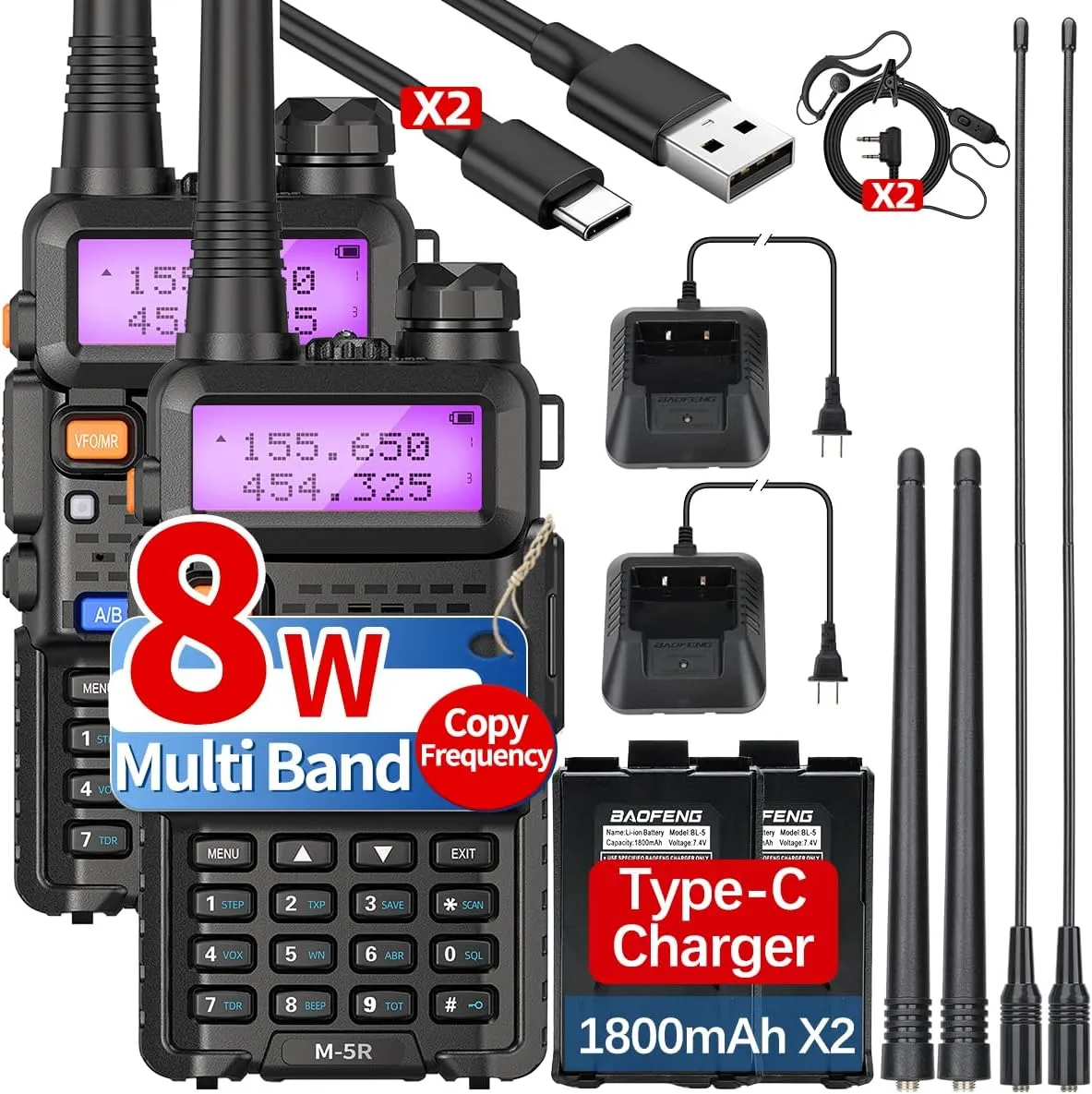 UV-5R Ham Radio Long Range UV5R 8w New Ver. Handheld Walkie Talkies Two Way Radio M-5R 5RX USB-C Charger Multi Band Copy Frequency for Survival Gear Camping,2 Pack