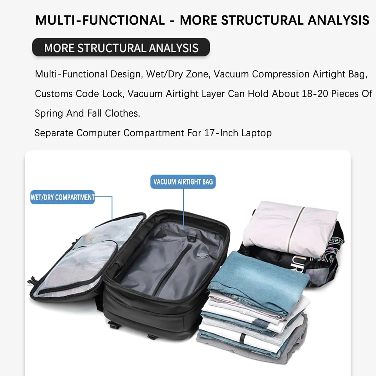 VacPack Backpack with Vacuum, 60L Airback Backpack, Waterproof with TSA Lock, Compression Feature, Fits 17” Laptop, Ideal for Airplane Travel (Blue with pump)