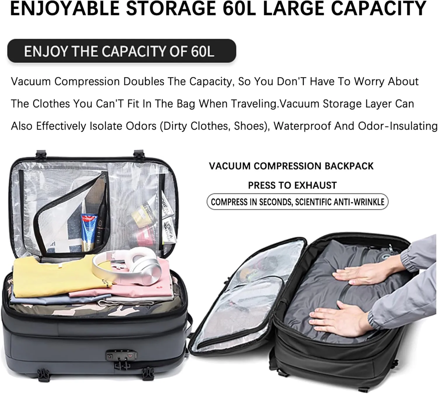 VacPack Backpack with Vacuum, 60L Airback Backpack, Waterproof with TSA Lock, Compression Feature, Fits 17” Laptop, Ideal for Airplane Travel (Blue with pump)