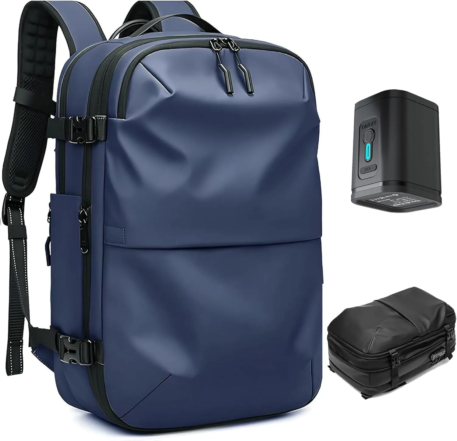 VacPack Backpack with Vacuum, 60L Airback Backpack, Waterproof with TSA Lock, Compression Feature, Fits 17” Laptop, Ideal for Airplane Travel (Blue with pump)