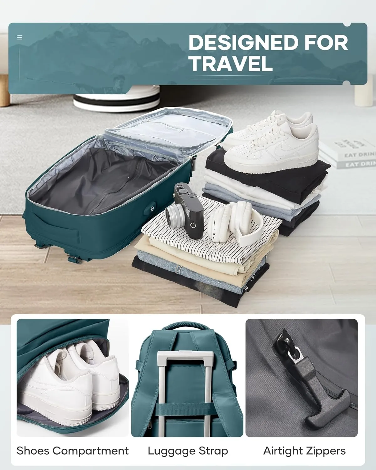 Vacuum Backpack Travel for Women Men, Carry on Luggage Flight Approved, United Airlines Approved 18×14×8 inch Personal Item Travel Bag,Peacock Blue