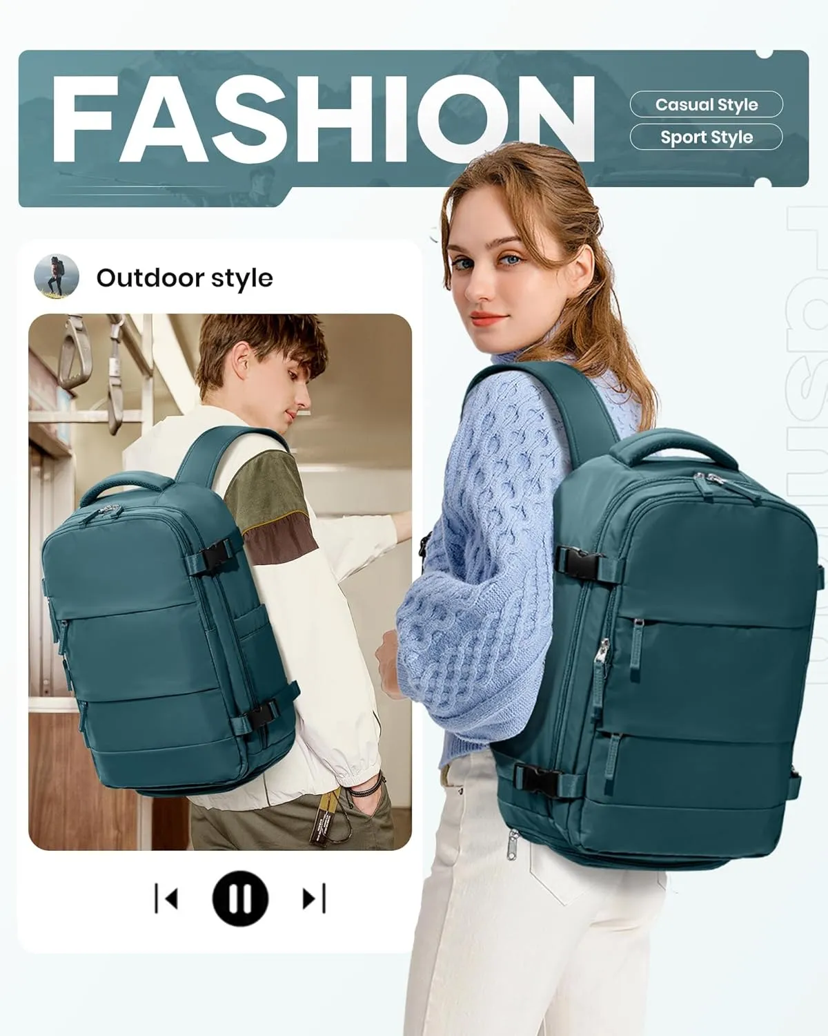 Vacuum Backpack Travel for Women Men, Carry on Luggage Flight Approved, United Airlines Approved 18×14×8 inch Personal Item Travel Bag,Peacock Blue