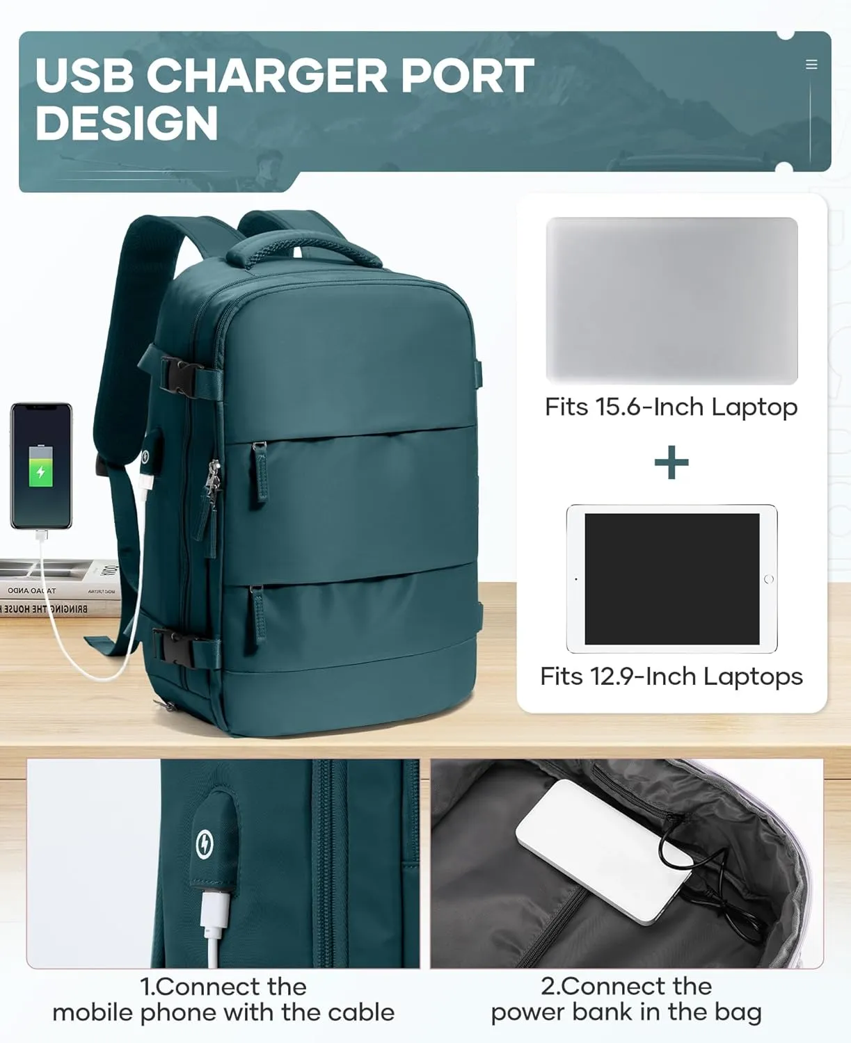 Vacuum Backpack Travel for Women Men, Carry on Luggage Flight Approved, United Airlines Approved 18×14×8 inch Personal Item Travel Bag,Peacock Blue